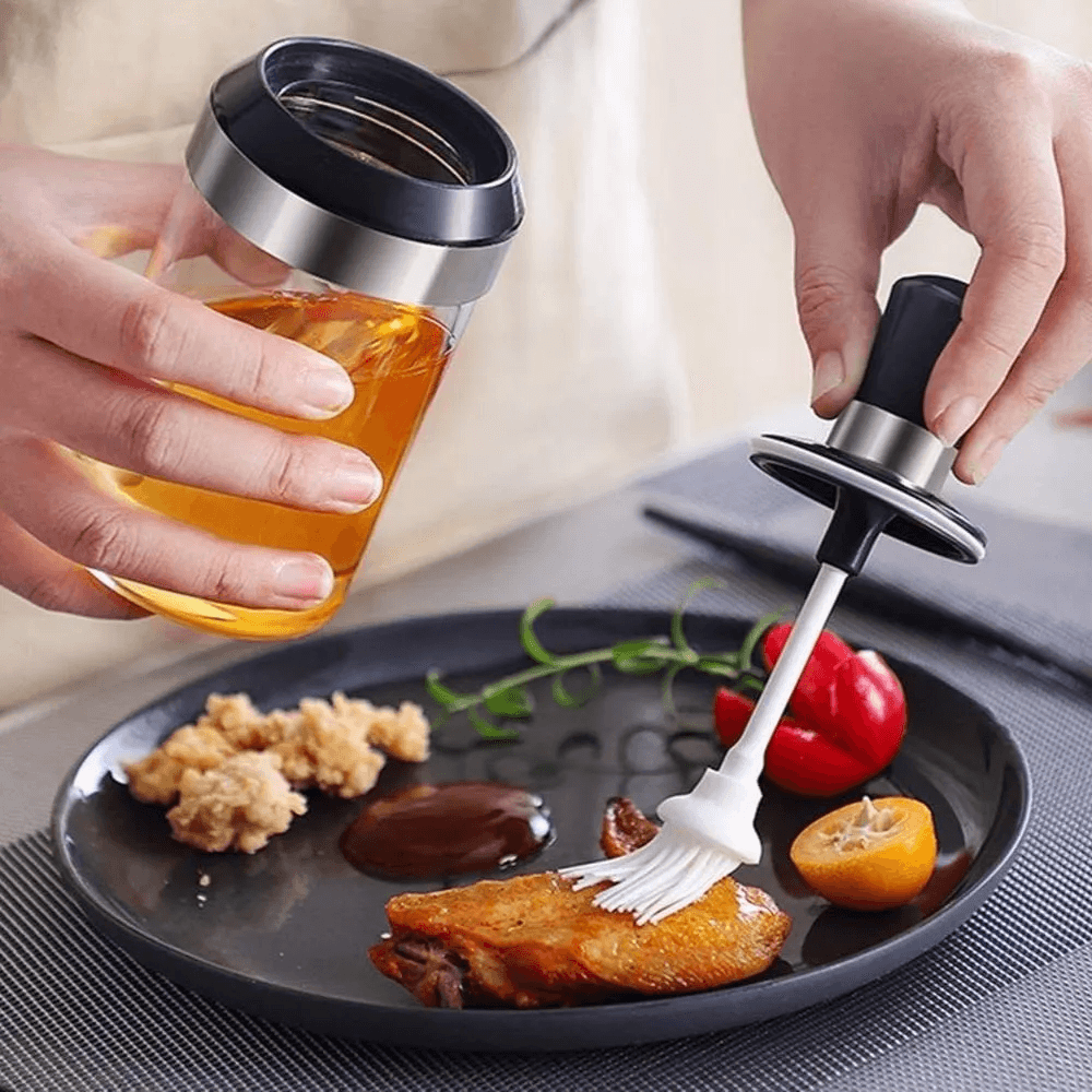 Aceitero con Brocha de Silicona de Vidrio con Tapa Antiderrame