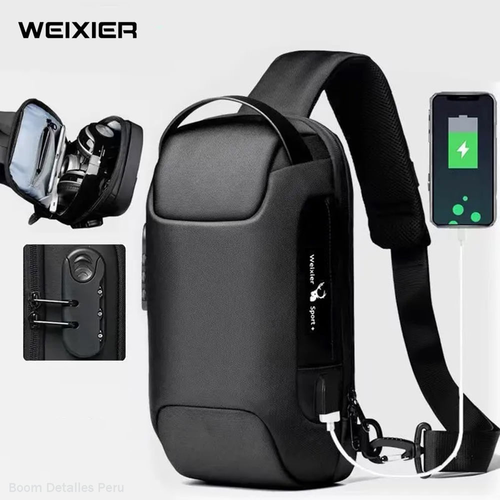 Riñonera Hombre Cruzada Antirrobo Impermeable Porta Tablet USB y Clave de Seguridad Negro