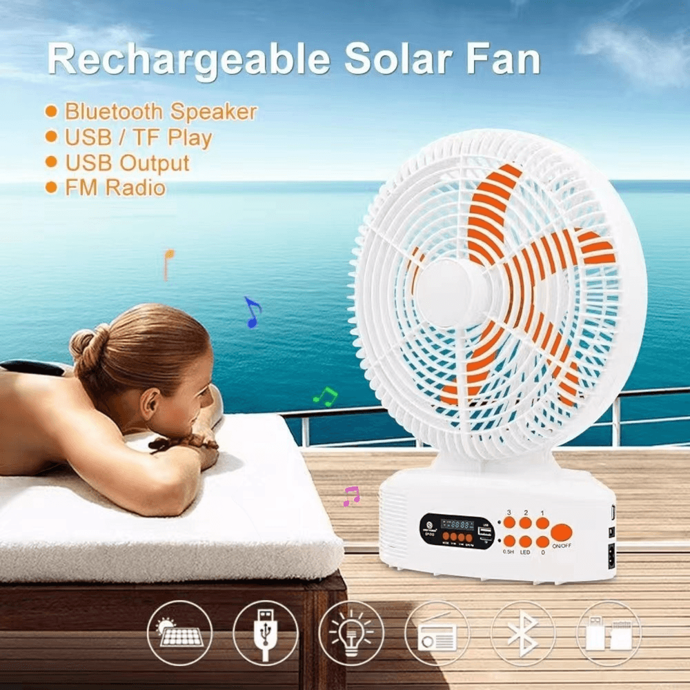 Ventilador Solar Portátil con Dispositivo Recargable con Carga Solar incluye Radio y Bluetooth