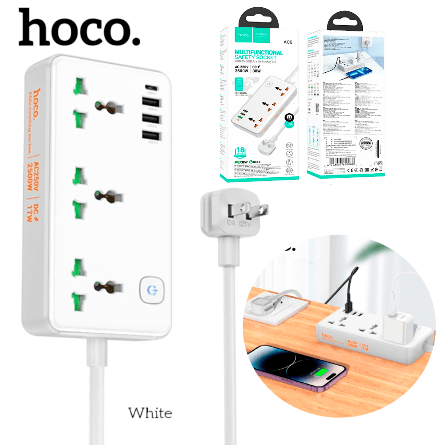 Toma Corriente Extension Con Carga Rapida Y Puertos Usb Hoco Ac8 Oechsle