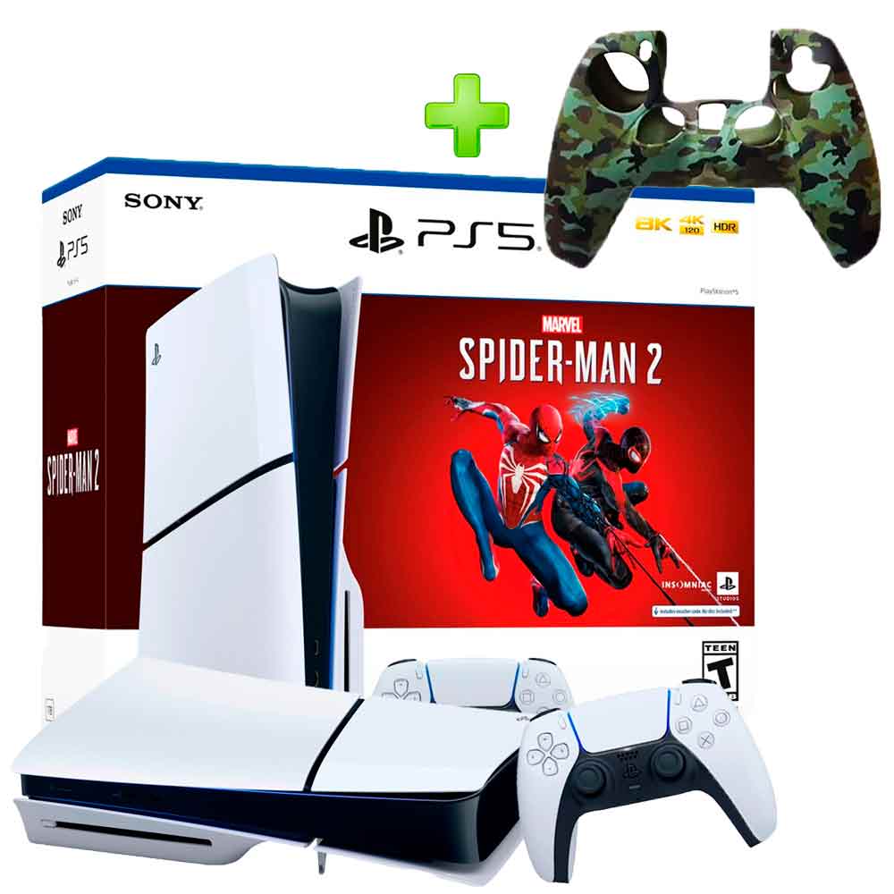 Pack Consola PS5 Slim Spiderman 2 Lector 1TB + Funda para Mando PS5 Verde  Camuflado