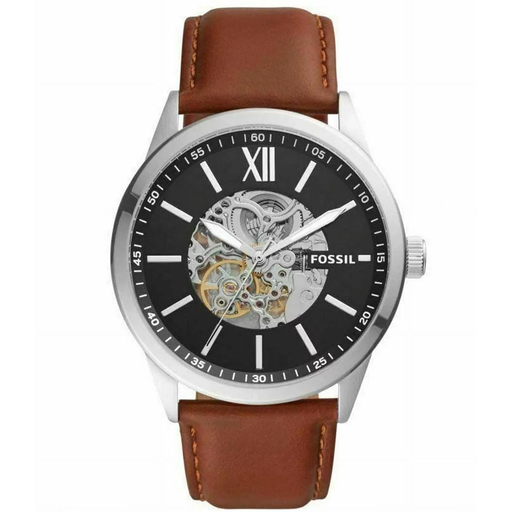 Reloj Fossil Flynn BQ2386 Automático Para Hombre Correa de Cuero Marrón Negro