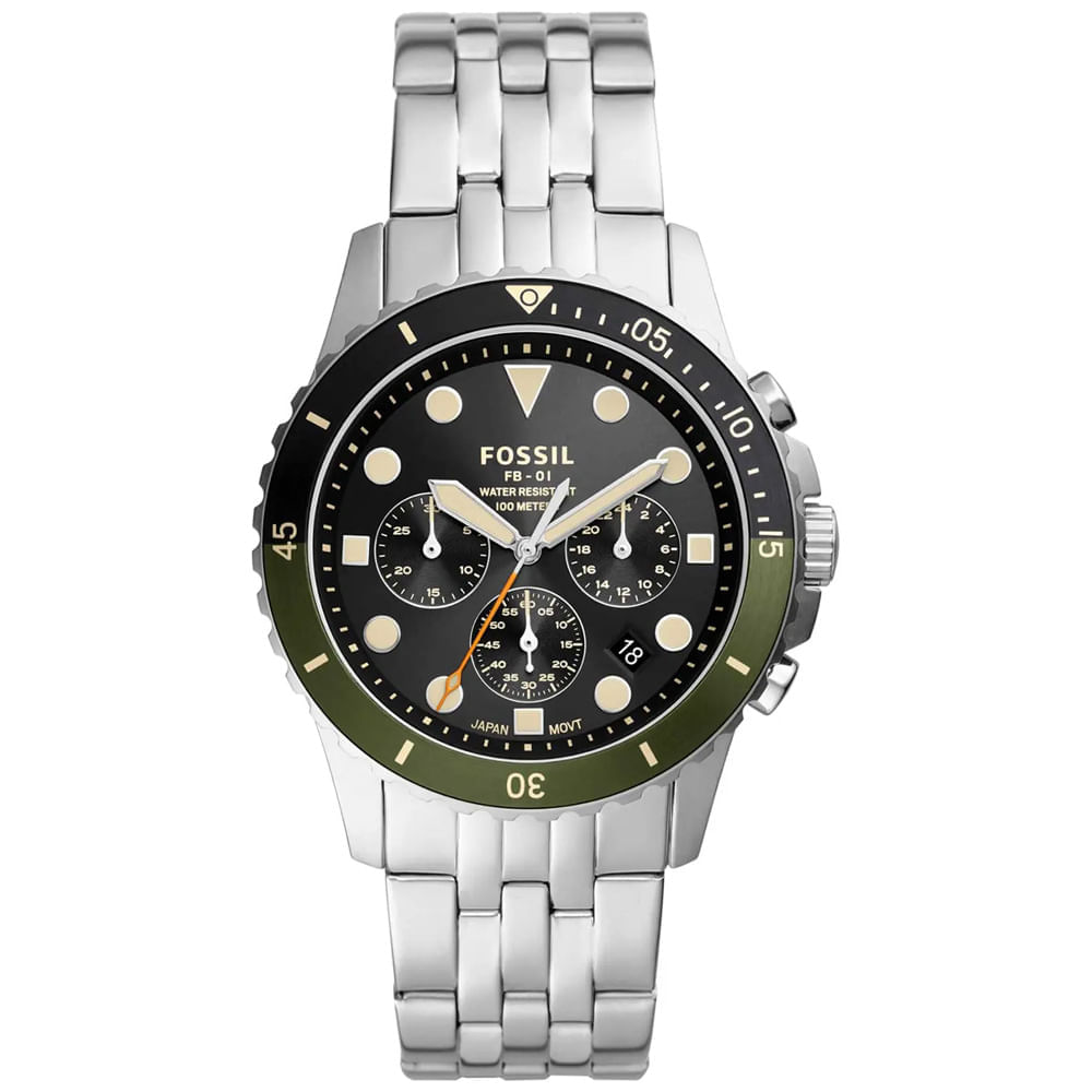 Reloj Fossil FB-01 FS5864 Para Hombre Fecha Cronómetro Acero Inoxidable Negro Verde