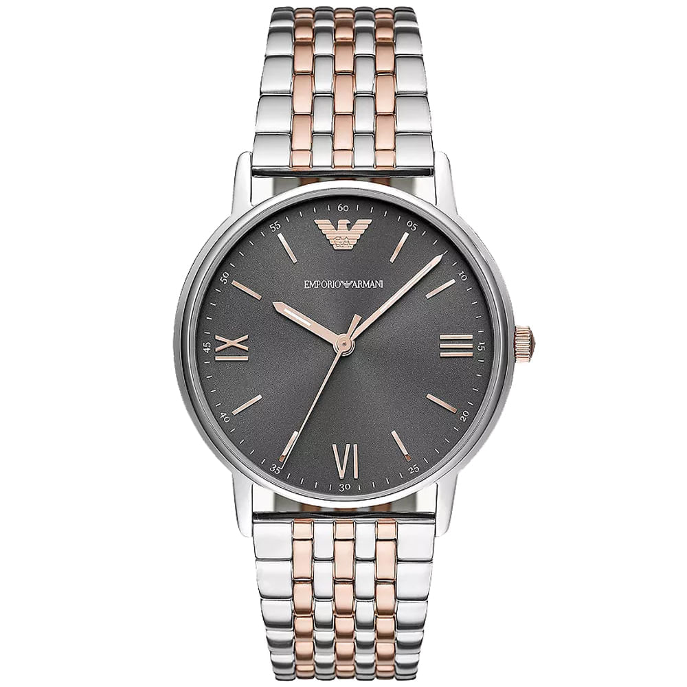 Reloj Emporio Armani Kappa AR11121 Para Hombre Acero Plateado Oro Rosado Dial Gris