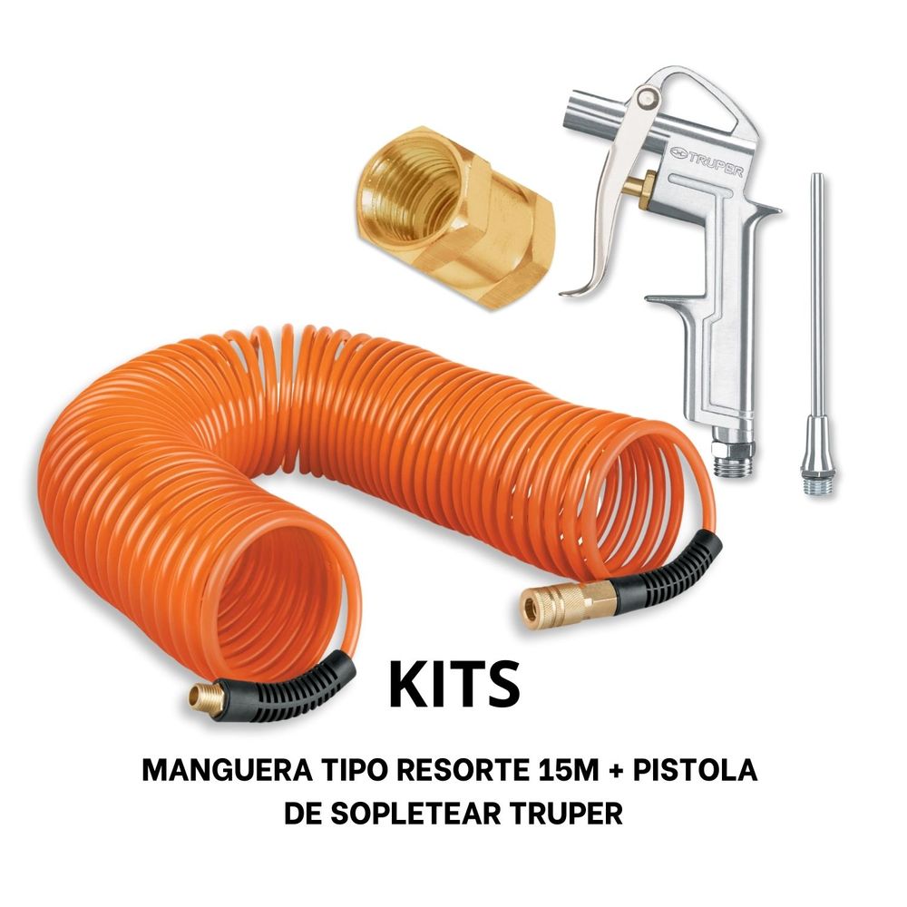 Kit Manguera Tipo Resorte 15m y Pistola de Sopletear Truper 19075-19235-19025
