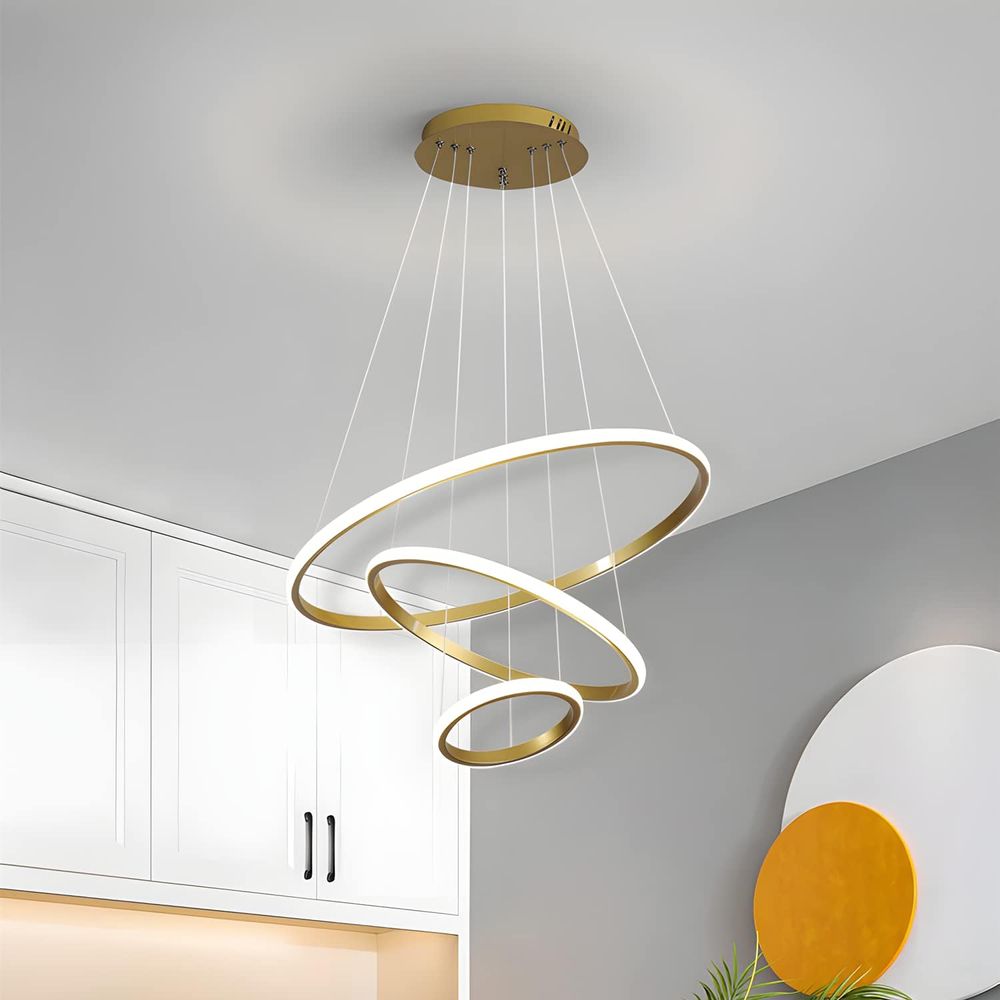 Lampara colgante led de 3 anillos color dorado Incluye control remoto