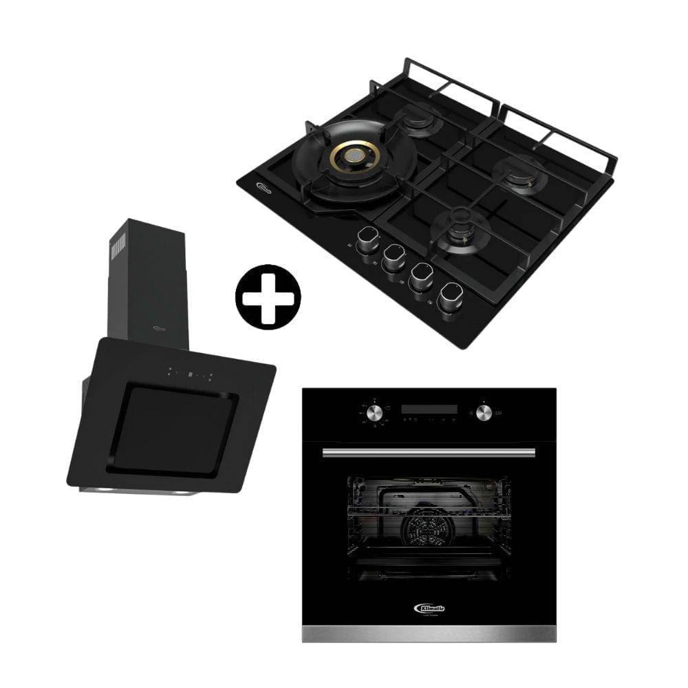 COMBO Klimatic: Cocina empotrable Vulcano 4 hornillas + Campana extractora decorativa Aria 60cm + Horno empotrable a gas