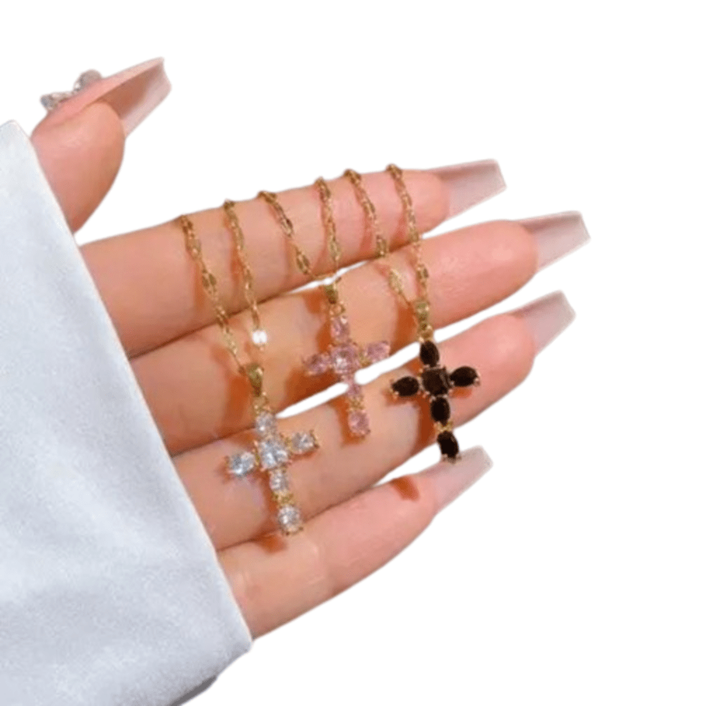 Collar de Cruz para Mujer Bañado en Oro con Circones Rosa