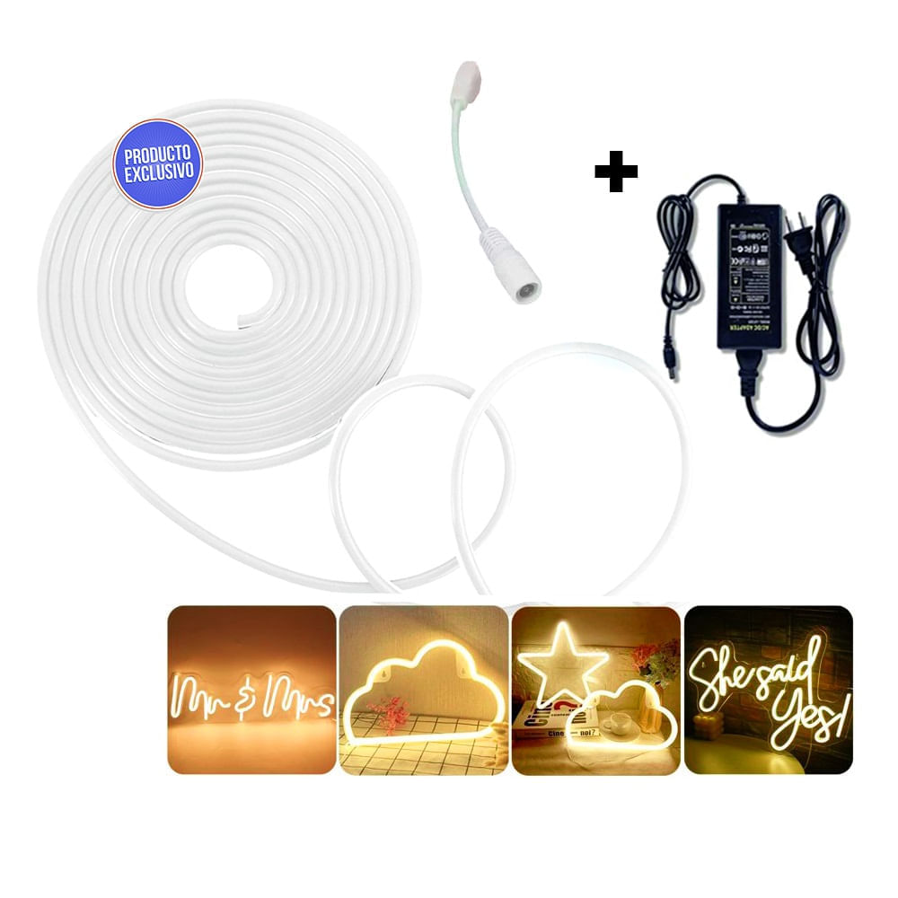Pack Cinta Led 5 metros 12v Blanco Calido Neón más Transformador