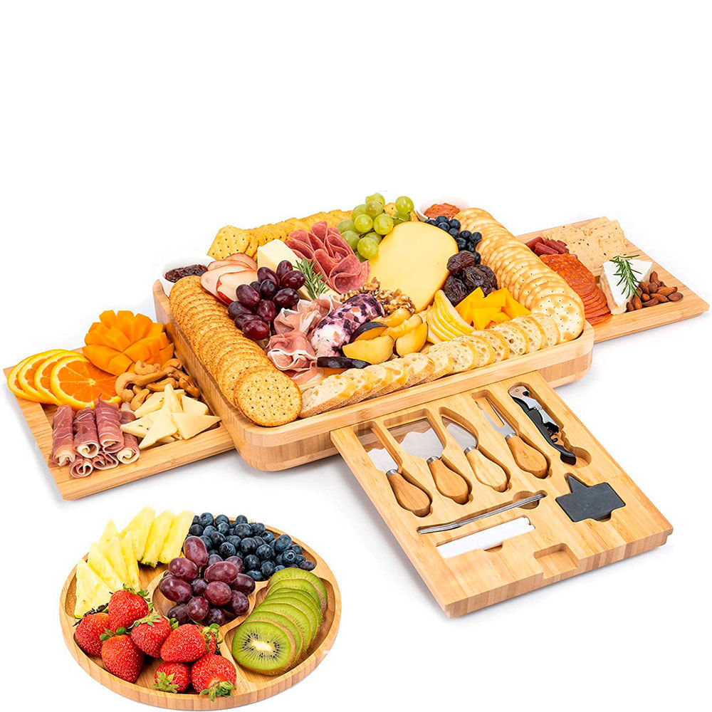 Tabla de Quesos + Set de Cubiertos + 3 Platos de Piqueos y Accesorios