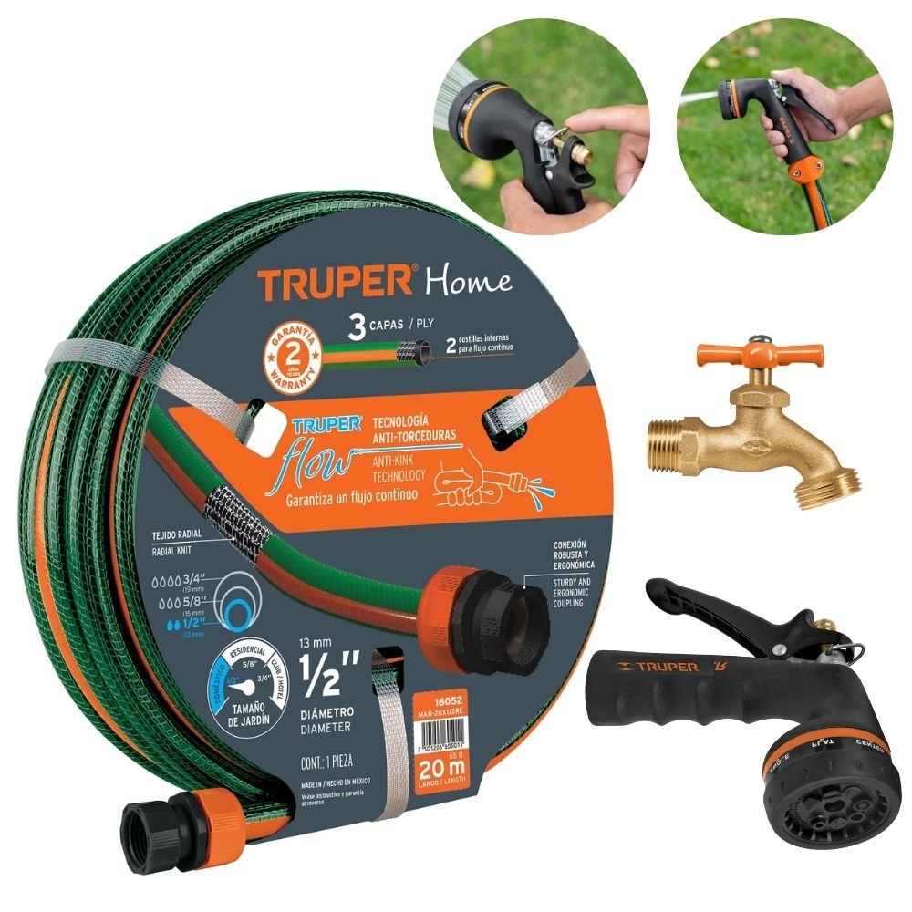 Combo manguera de riego 20m Pistola de riego y caño jardín truper