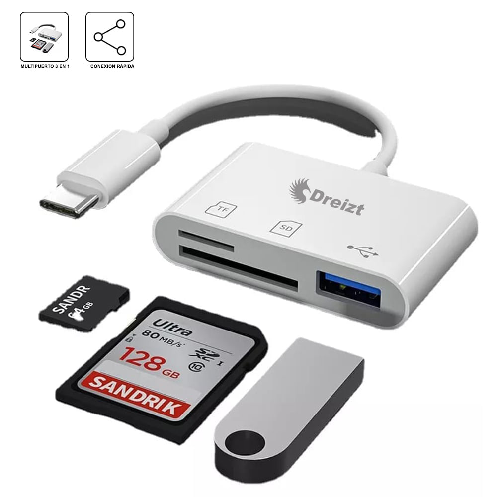 Lector de Tarjetas SD USB 3 En 1 Adaptador Tipo C Dreizt ADC210016