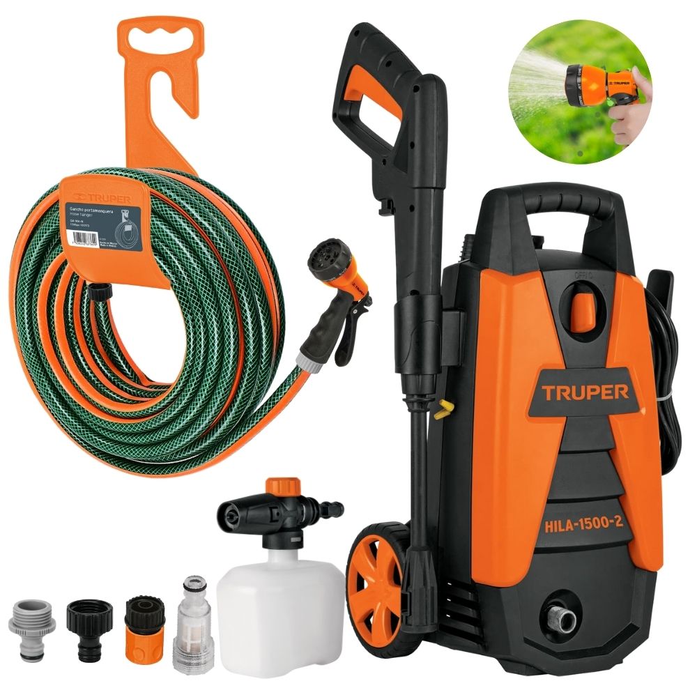 Combo Hidrolavadora Truper 1500 PSI, manguera de 10m pistola de riego