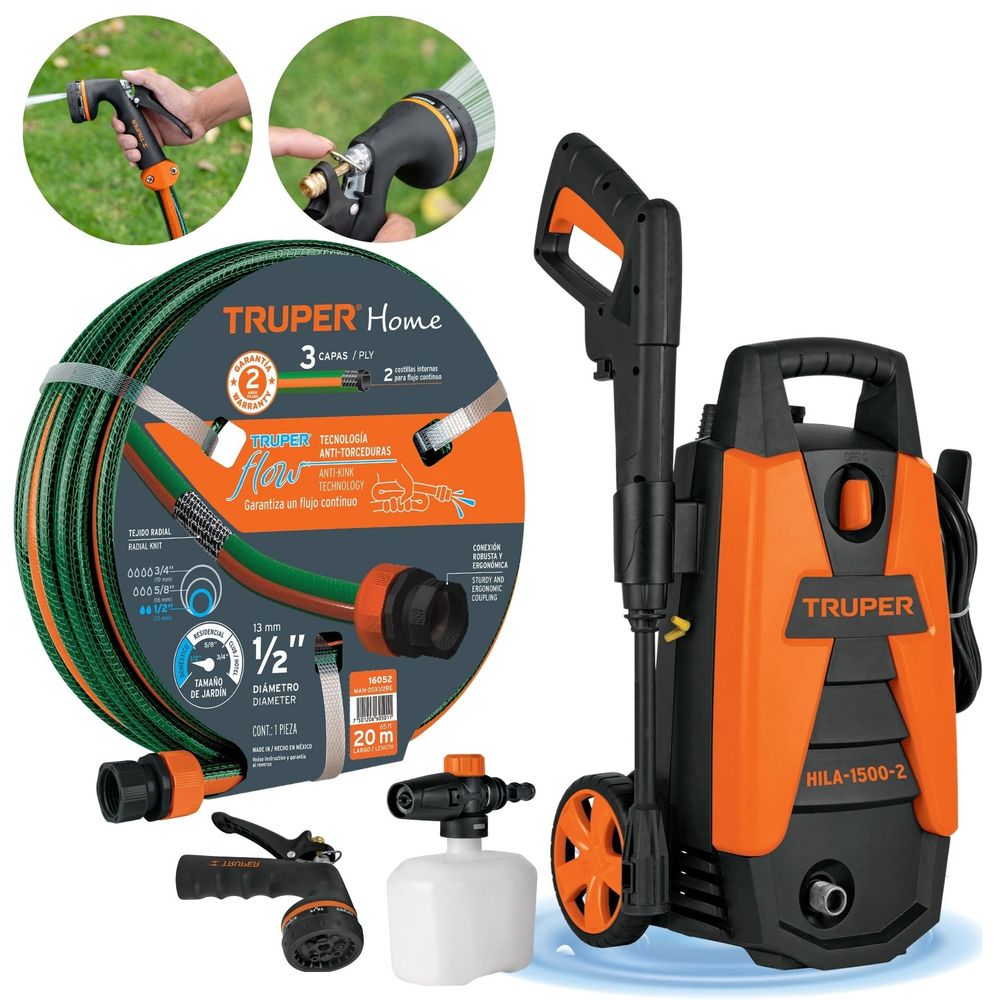 Hidrolavadora con manguera 20m y Pistola de riego Truper