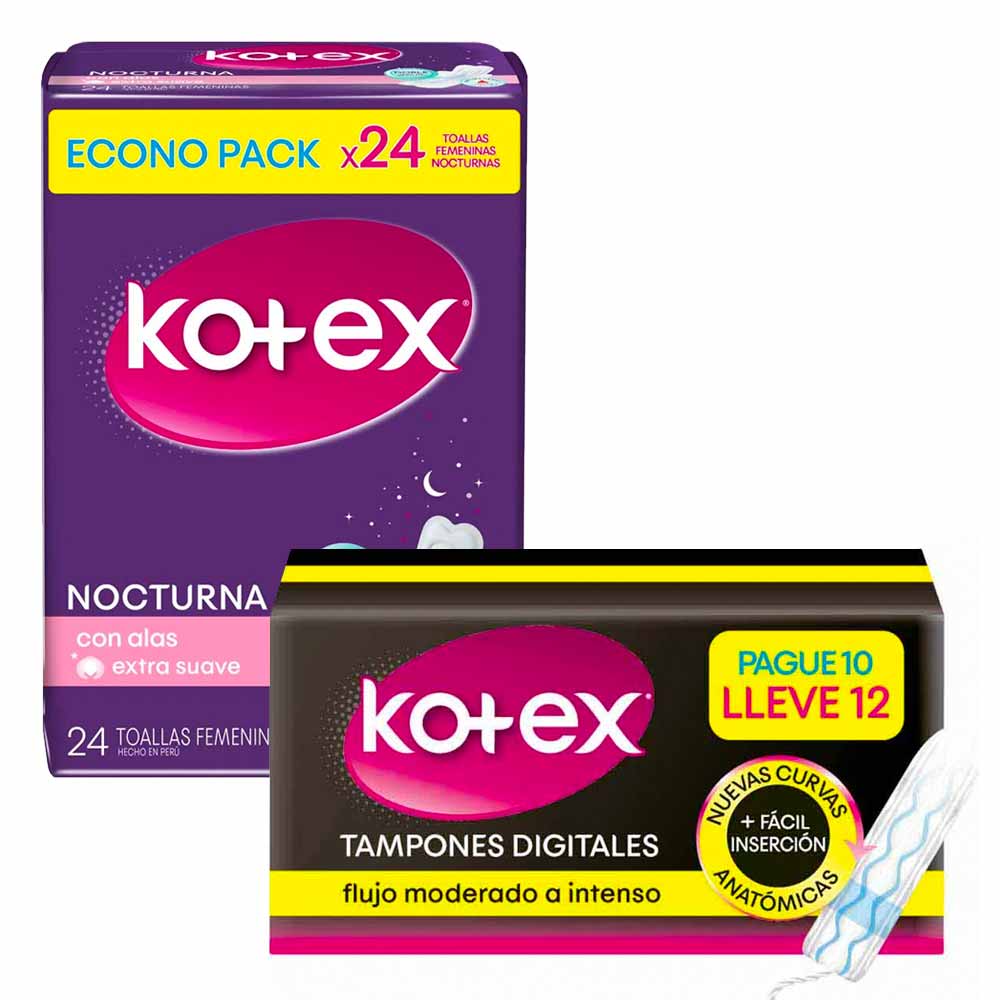 Pack Tampón Kotex Sin Aplicador Flujo Medio Caja 12un Toallas Higiénicas Kotex Nocturna Bolsa 8468