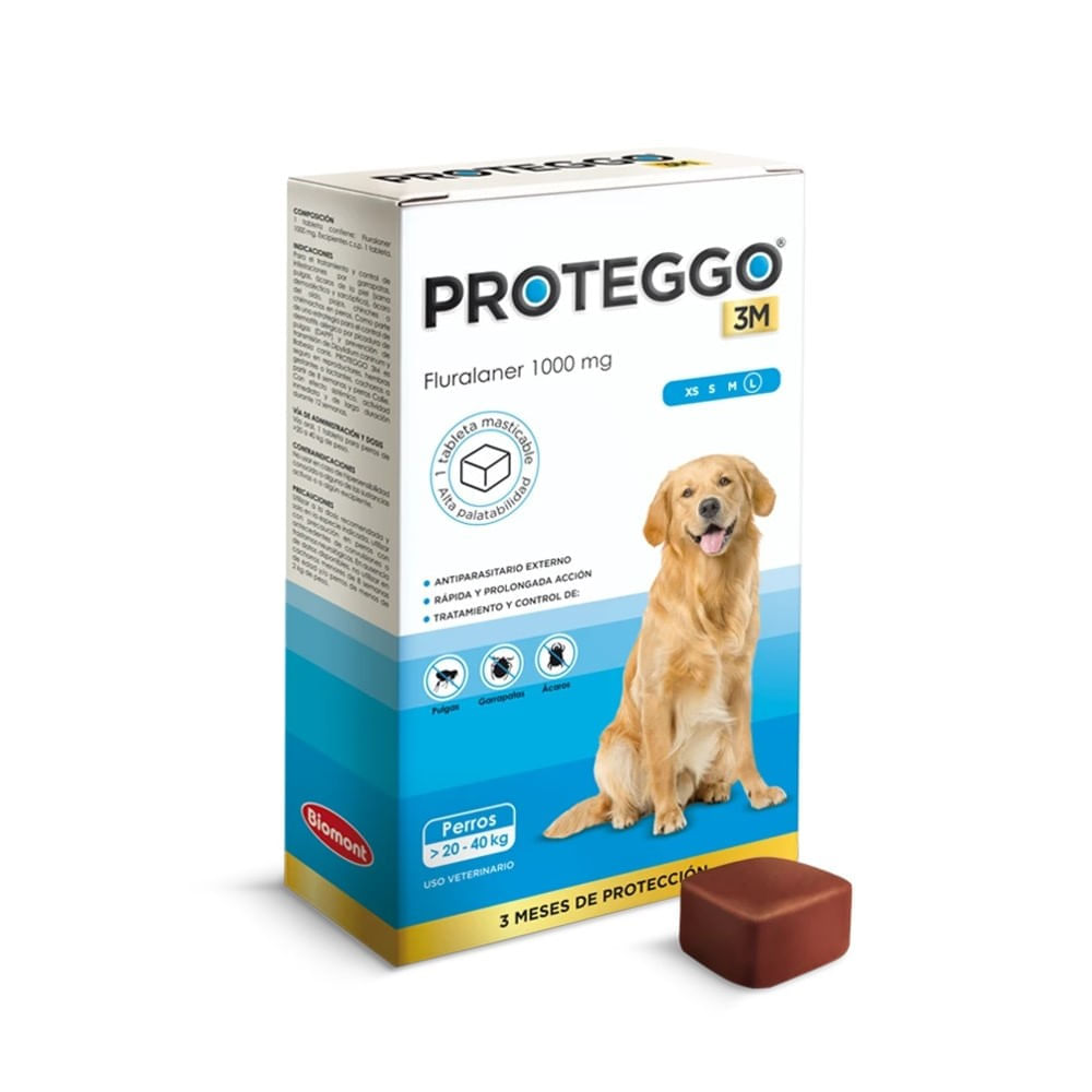 Antipulgas para Perros Proteggo 3M 1000 mg 1 Tableta 20 a 40 Kg