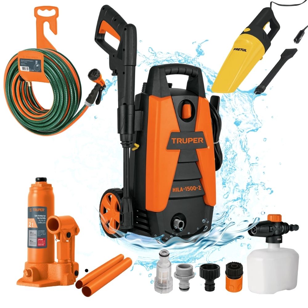 MEGACOMBO HIDROLAVADORA 1500PSI, MANGUERA, GATA HIDRAULICA, ASPIRADORA