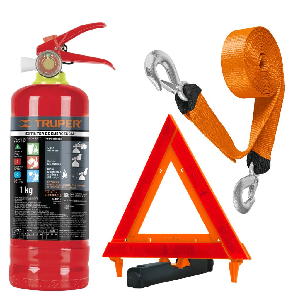 kit correa de remolque extintor 1kg triangulo de seguridad