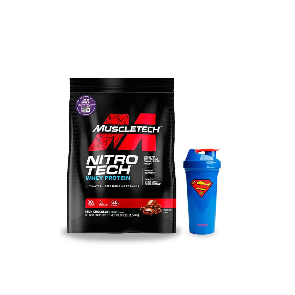 Nitro Tech Whey Protein Performance Chocolate 10lb + Shaker Superman I ...
