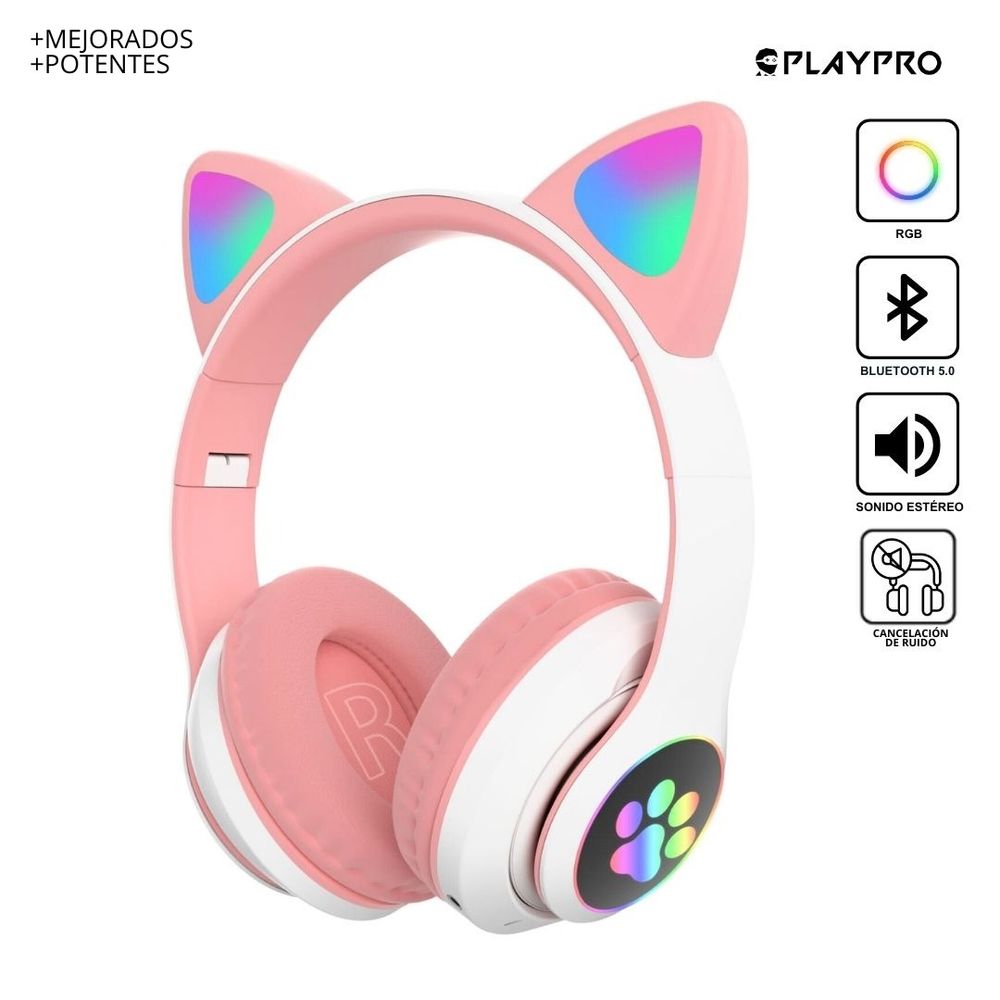 Audifonos Bluetooth Luces Rgb Gato Con Radio Llamadas Spotify Rosado Playpro Au240020