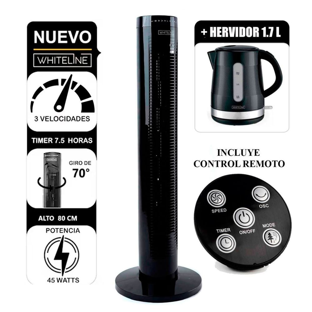 Combo Ventilador de Torre Whiteline  YF-T03214  3v 45 Watts +Hervidor de 1.7 Lt