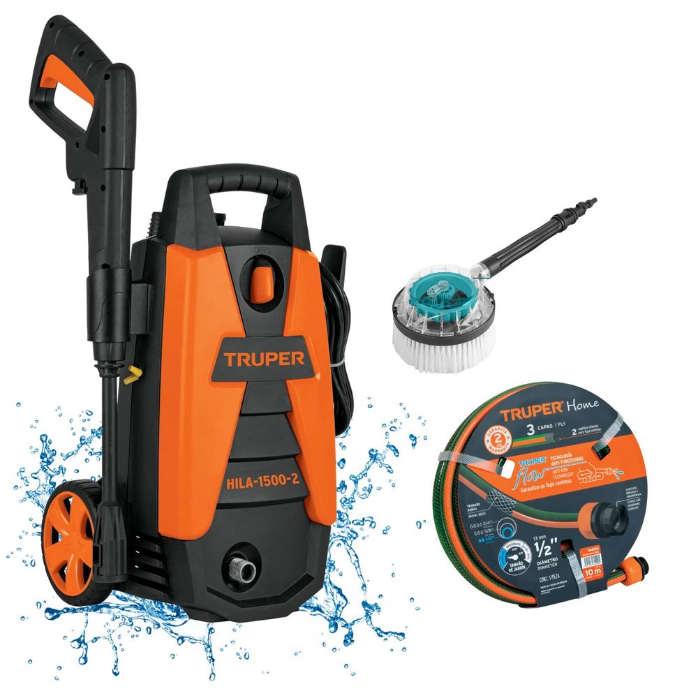 Hidrolavadora 1500 Psi Truper + Manguera 10m y Cepillo giratorio Total 102095-16050-THRB8702