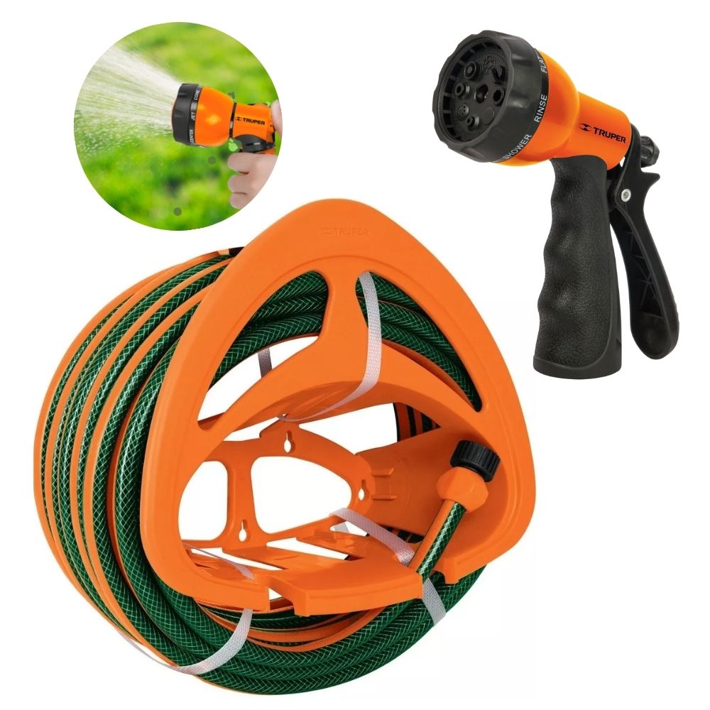 Combo manguera de riego 20m, porta manguera y pistola de riego