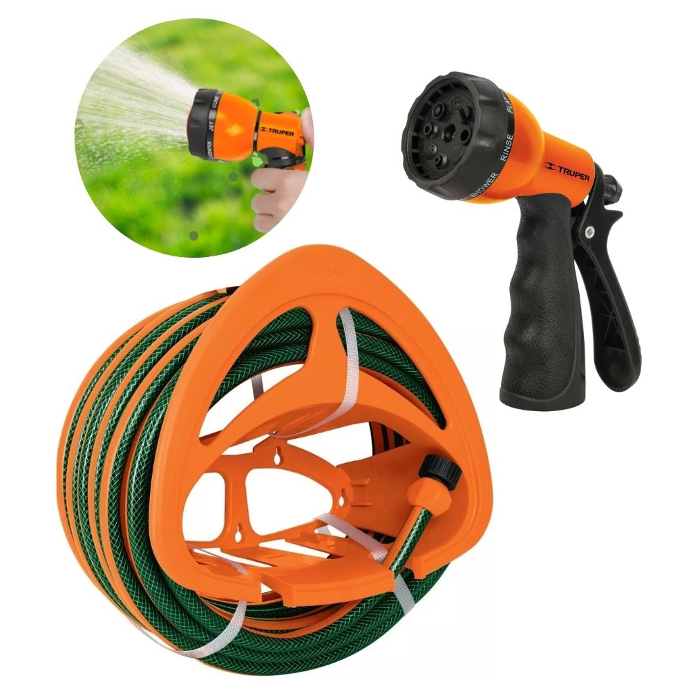 Kit manguera de riego 10m, porta manguera y pistola de riego
