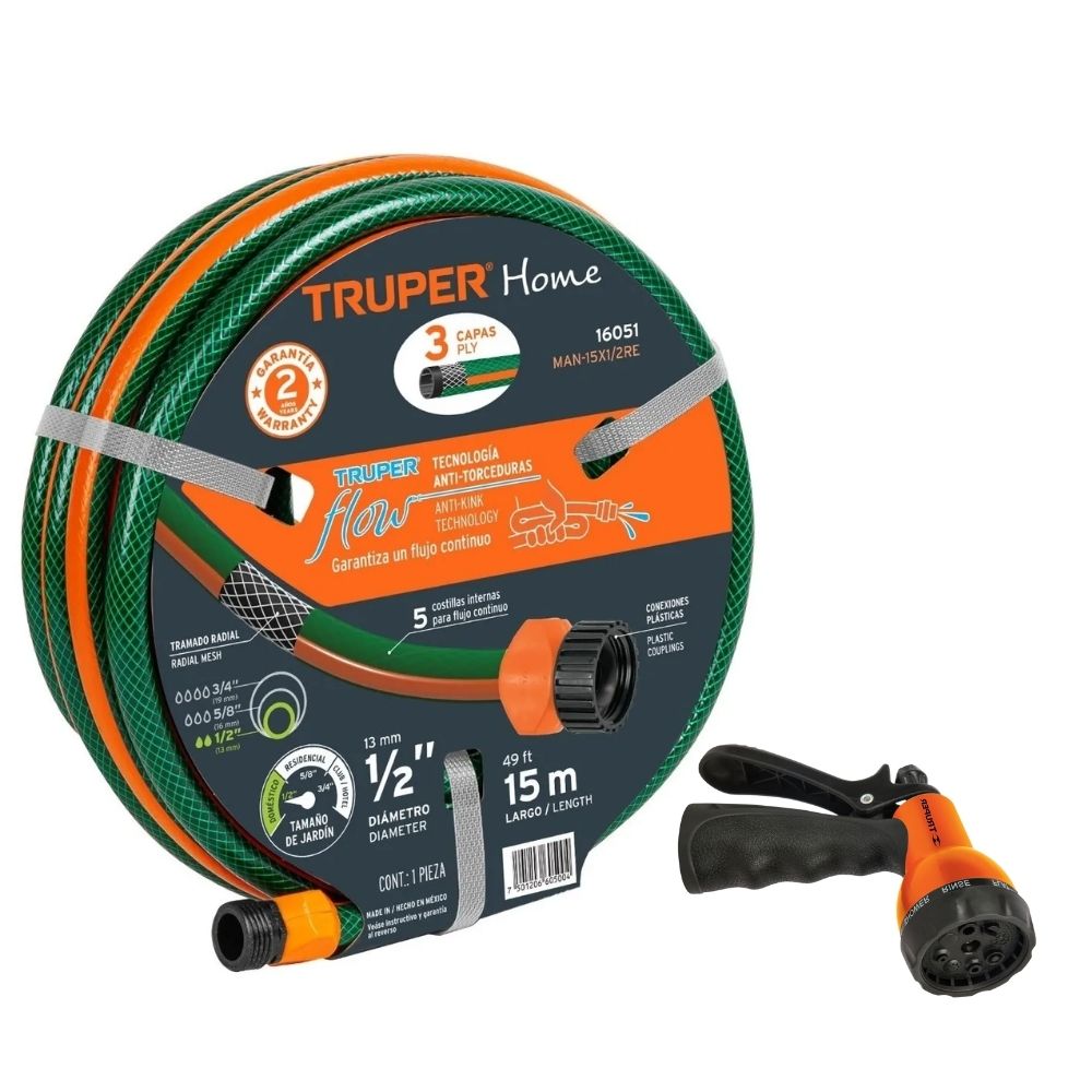 Combo manguera de riego 15m y Pistola de riego Truper