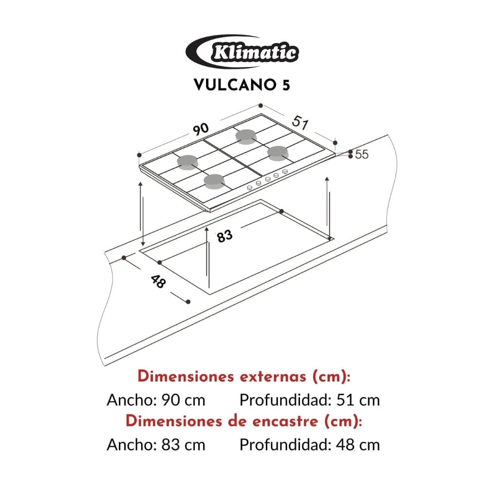 Cocina empotrable Vulcano 5 hornillas Klimatic - Oechsle