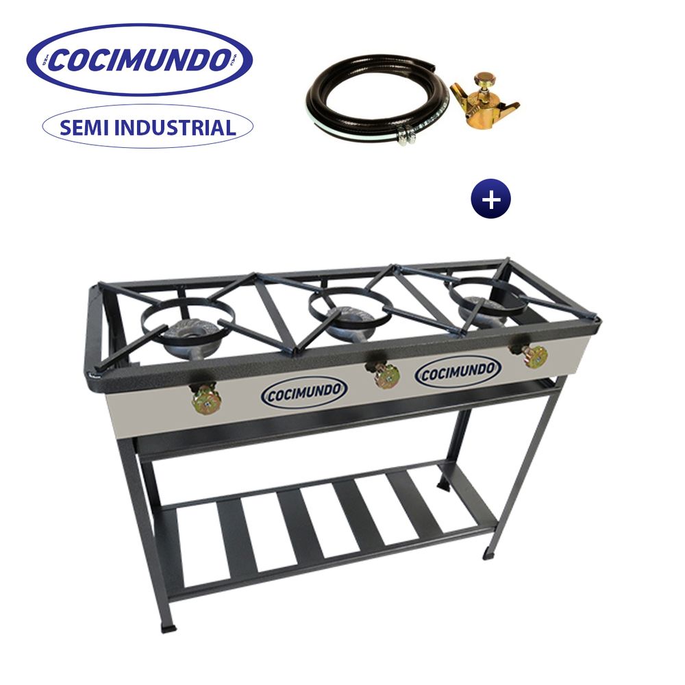Cocina de Pie 3H Semi Industrial A Gas Acero + Manguera - Cocimundo