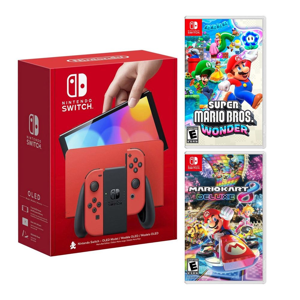 Consola Nintendo Switch Oled Mario Red + Super Mario Wonder + Mario Kart 8