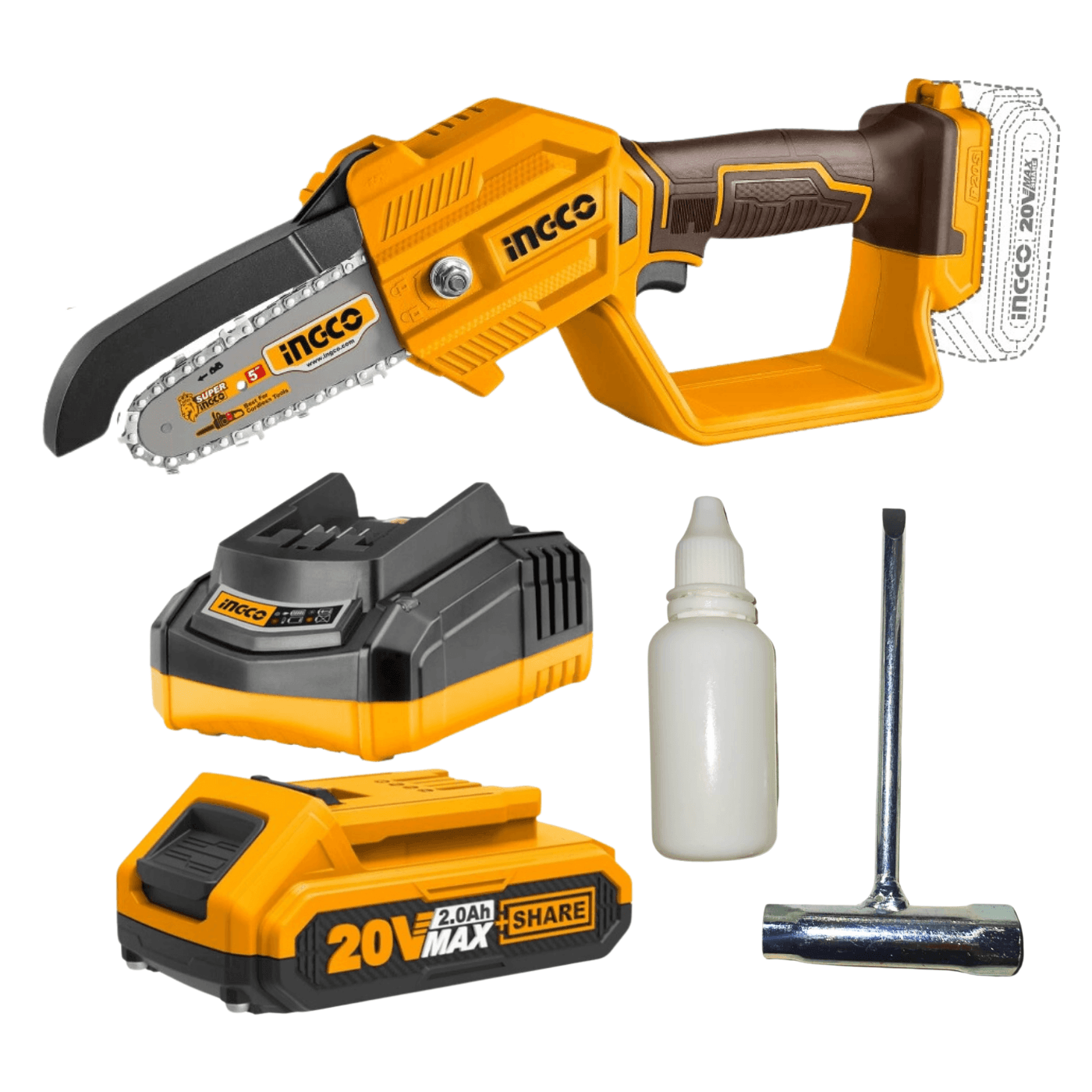 Mini Motosierra 5"" 20v Incluye Batería 2ah y Cargador Ingco CGSLI2058-FBLI20011-FCLI2001