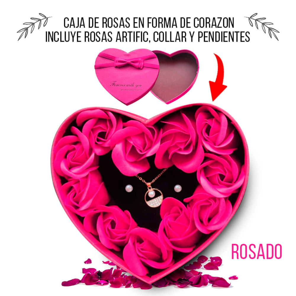Ramo de Flores Caja Rosada en Forma de Corazon mas Collar y Aretes Regalo