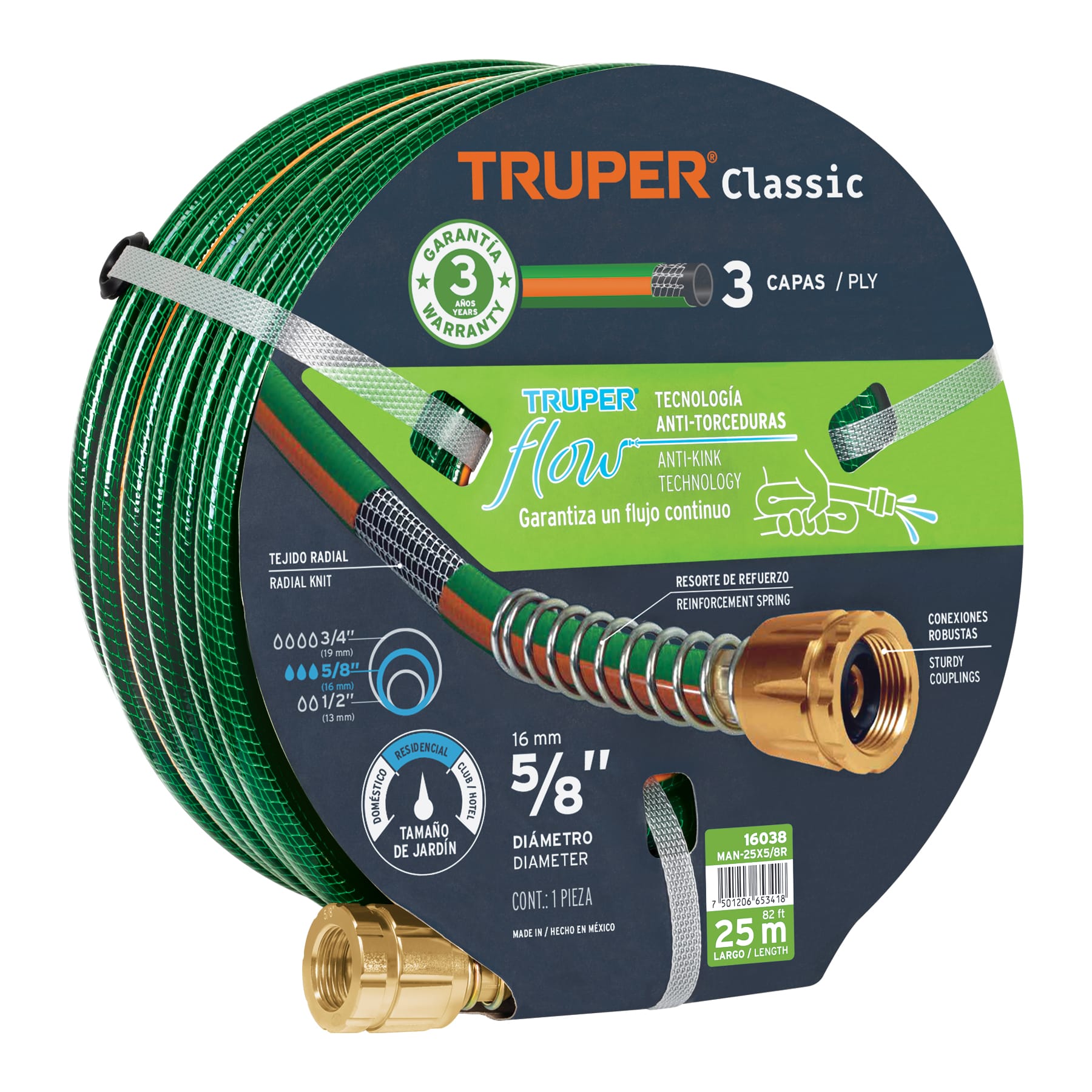 Manguera 5/8"" Reforzada 3 Capas 25 m Conexiones de Metal Truper 16038