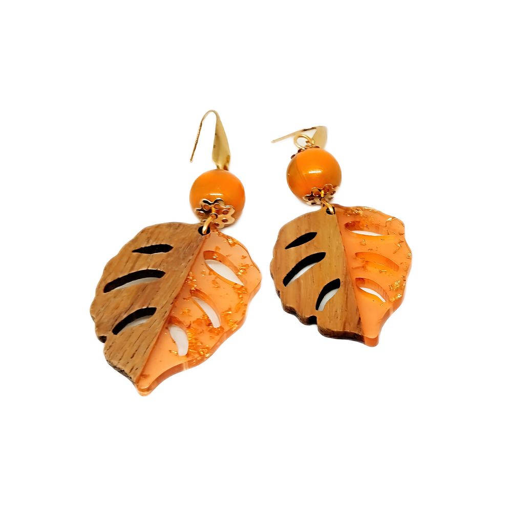 Aretes Hojas Madera y Acrílicos Marialu Creaciones