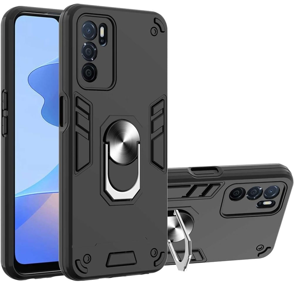 Funda de Oppo A16 con Anillo Metálico Antishock Negro Resistente ante Caídas y Golpes