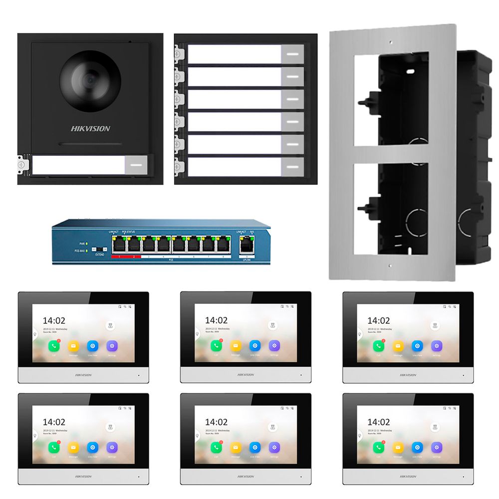 Kit Video Portero Ip 6 Departamentos Hikvision Full Hd App Ds Kd8003