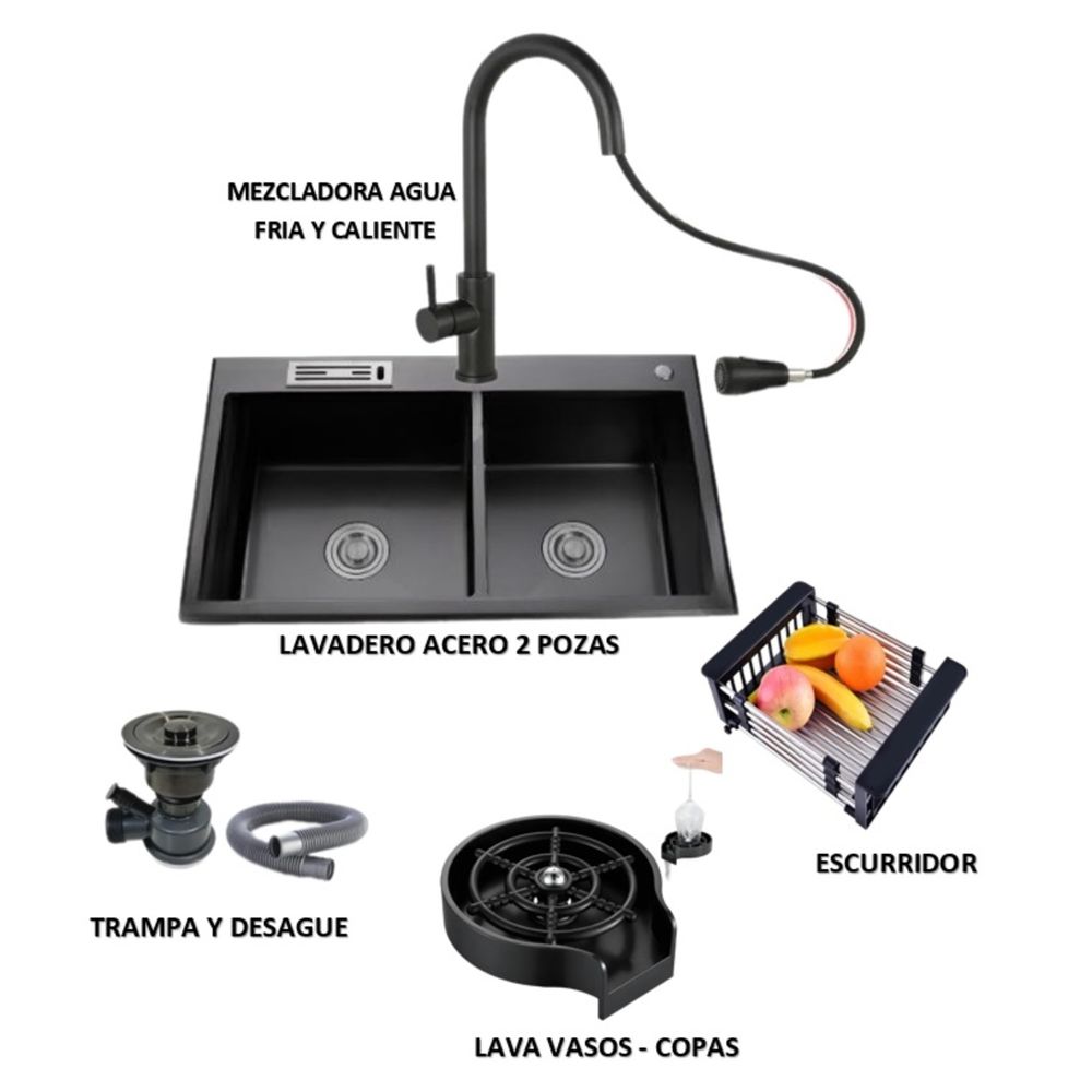 Combo Lavadero de Cocina 2 Pozas Negro y Mezcladora Extraible