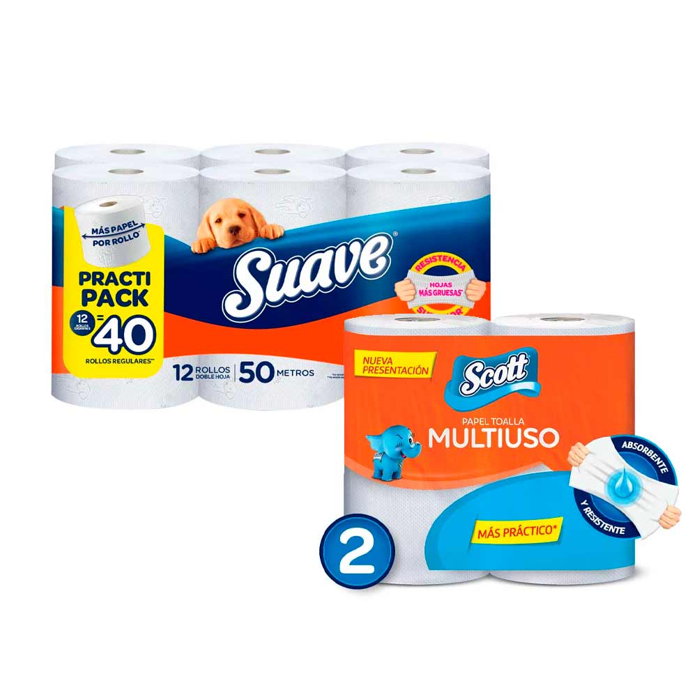 Pack Papel Higiénico SUAVE Resistemax Bolsa 12un + Papel Toalla SCOTT Multiusos 2 en 1 Paquete 2un