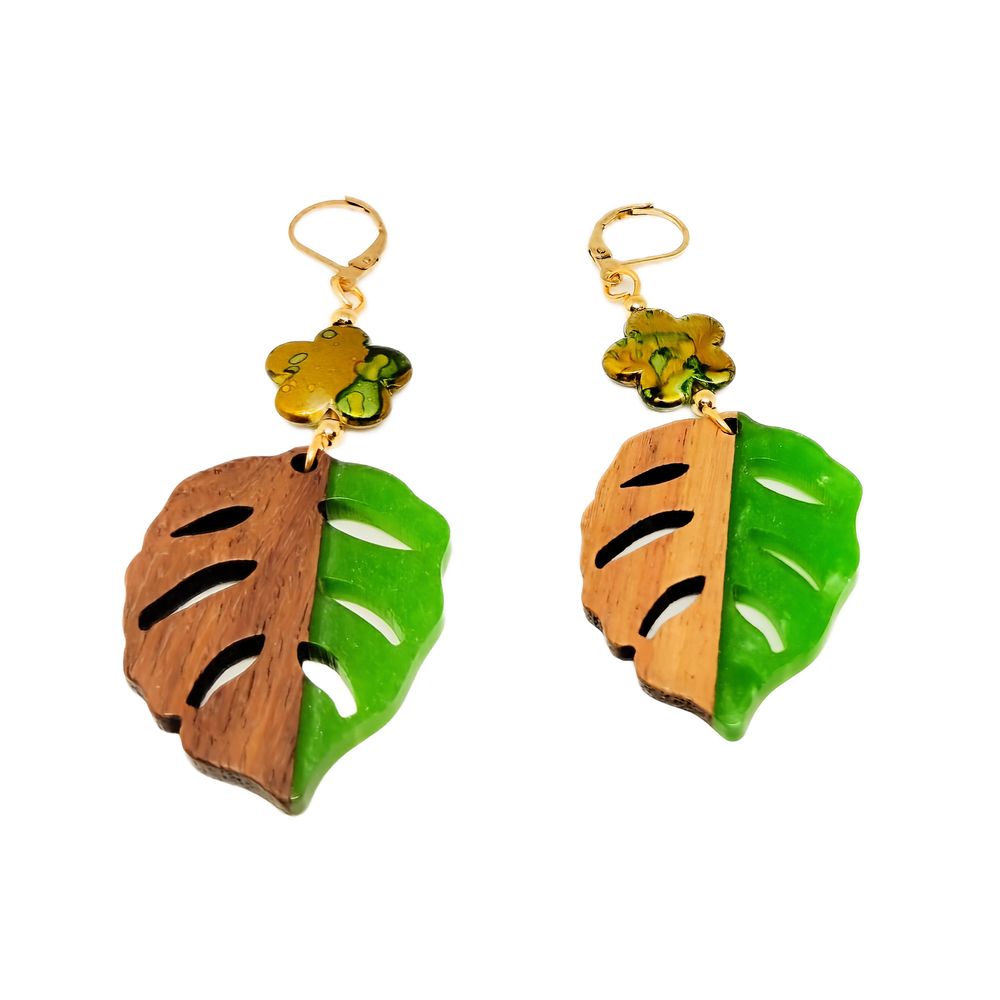 Aretes Hojas 3 Madera y Acrílicos Marialu Creaciones