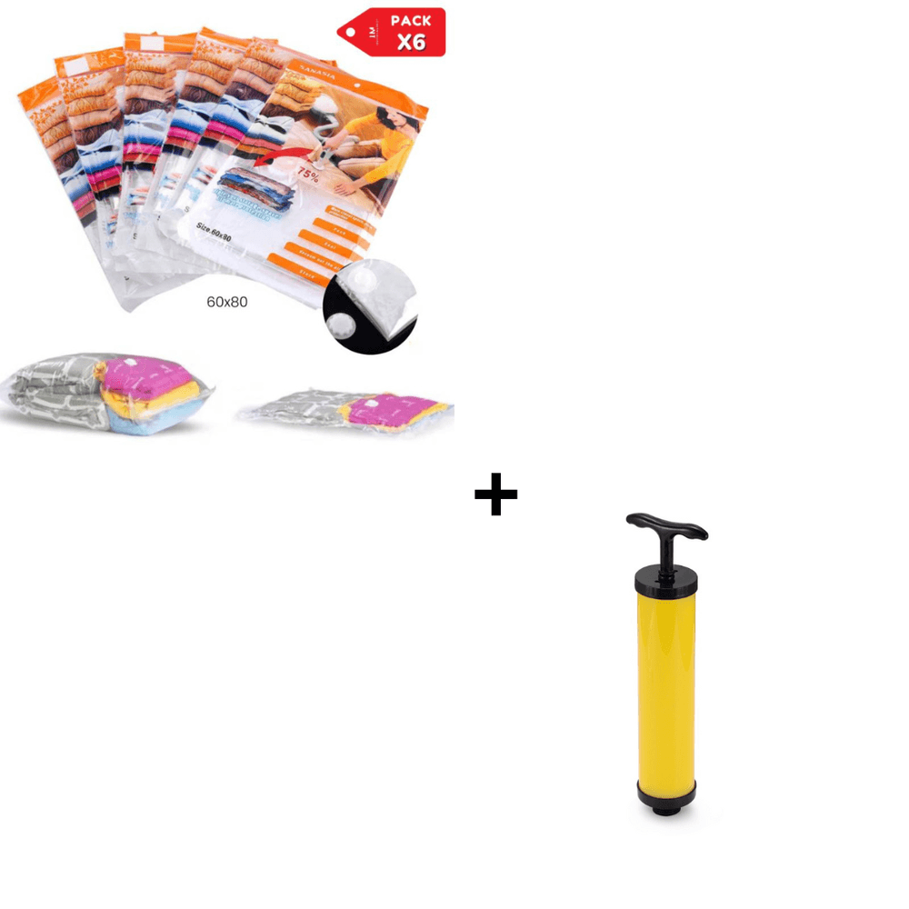 Combo Bolsa al Vacío 60 x 80 pack x 6 Unidades + Succionador de Mano Portátil para Bolsas Compresora