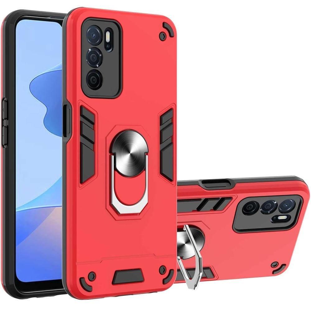 Funda de Oppo A16 con Anillo Metálico Antishock Rojo Resistente ante Caídas y Golpes