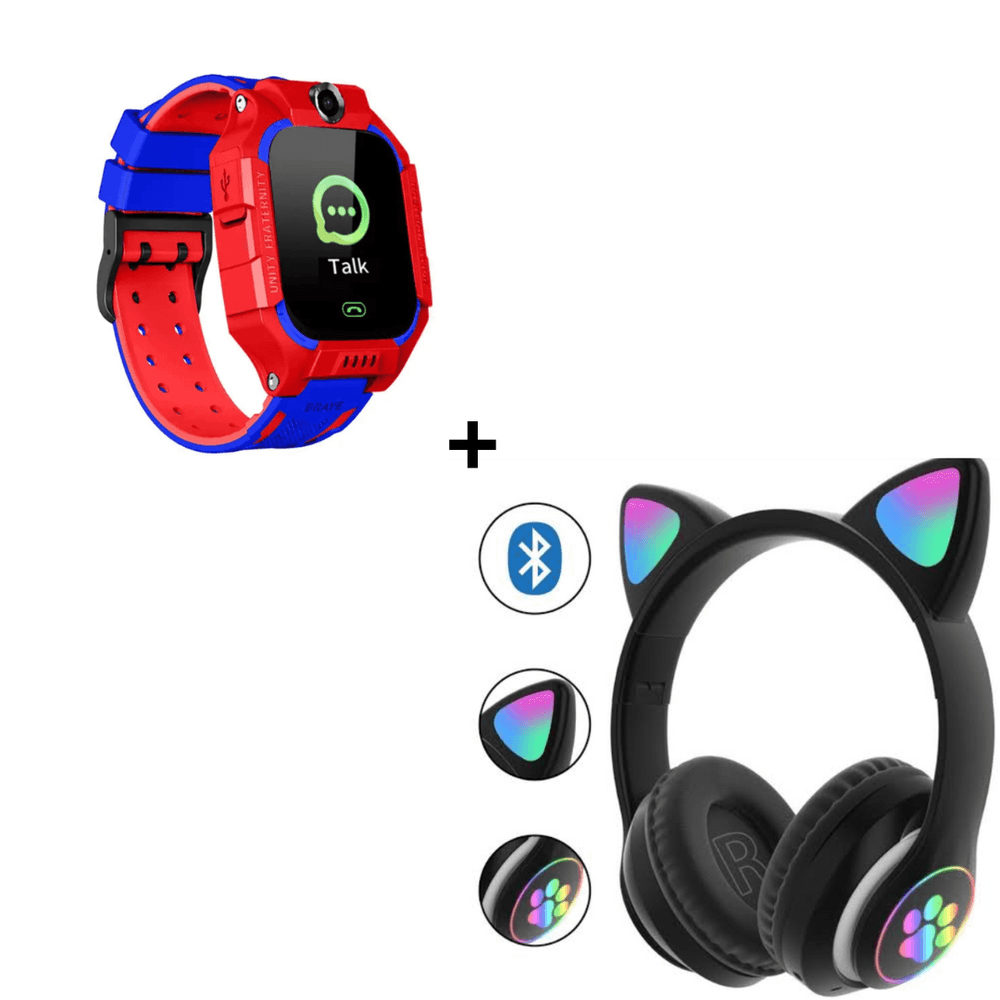 Combo Smartwatch Gps para Niños Rojo + Audífonos Bluetooth Oreja de Gato con Luz Led Color Negro