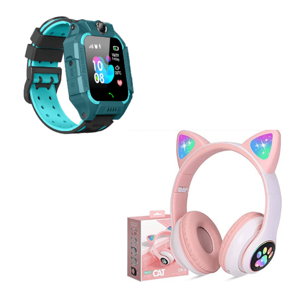 Combo Smartwatch Gps para Niños Verde + Audífonos Bluetooth Oreja de Gato con Luz Led