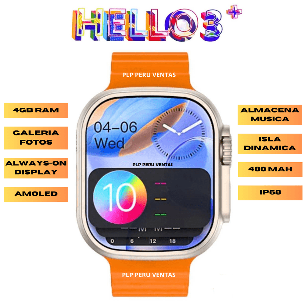 Smartwatch Hello Watch 3 Plus Ultra 4GB Amoled 480mAh Naranja