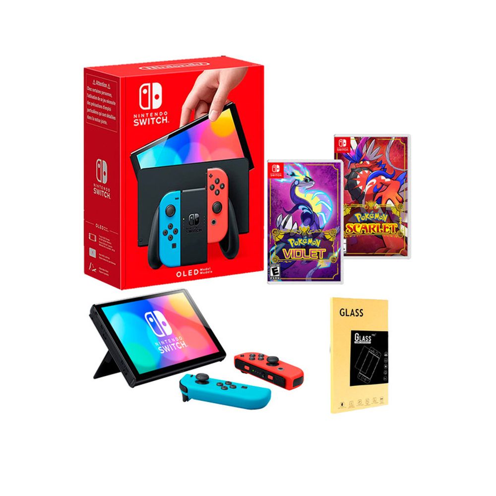 Consola Nintendo Switch Oled Neon + Pokemon Violet + Pokemon Scarlet + Mica