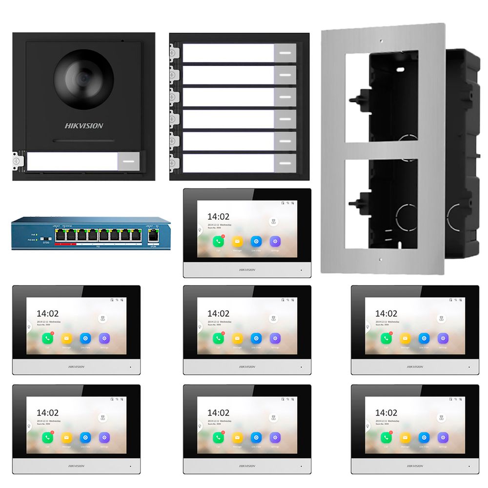 Kit Video Portero Ip 7 Departamentos Hikvision Full Hd App Ds Kd8003