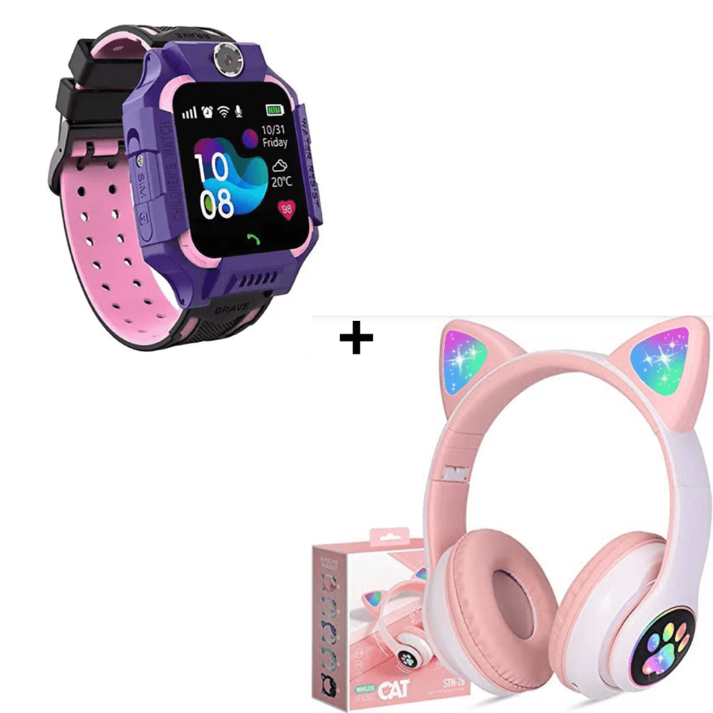 Combo Smartwatch Gps para Niños Morado + Audífonos Bluetooth Oreja de Gato con Luz Led
