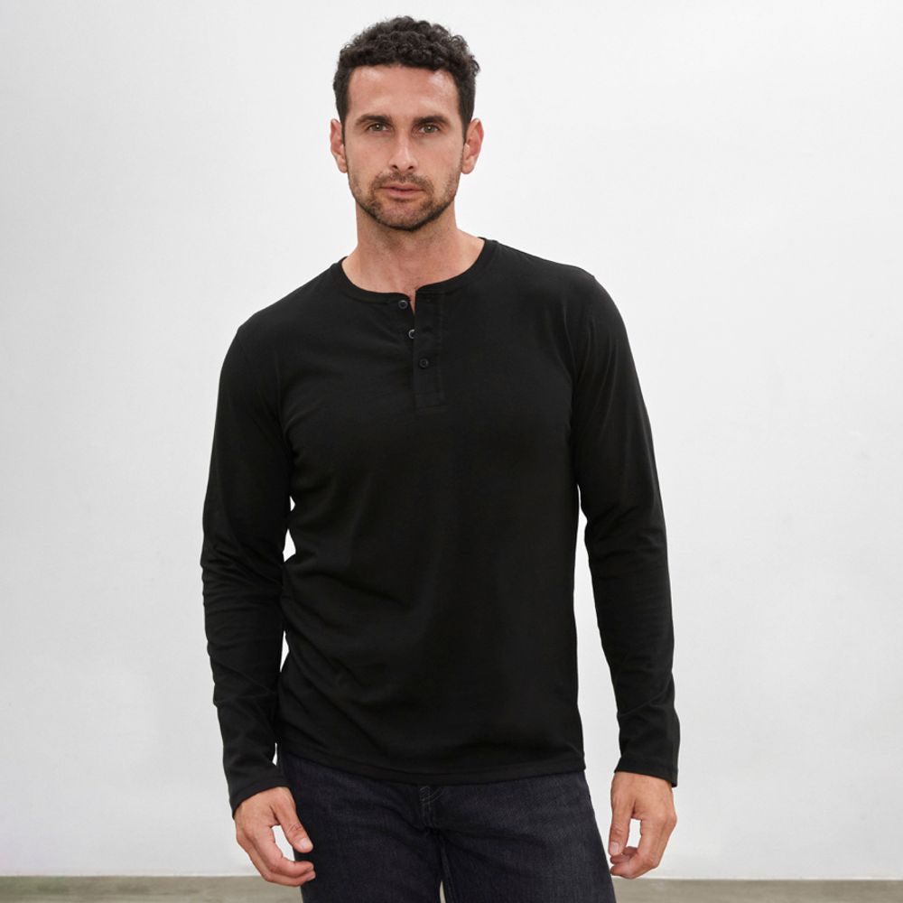 Polo Negro Henley Manga Larga para Hombre Drop the Label Algodon Pima talla XXL I Oechsle Oechsle